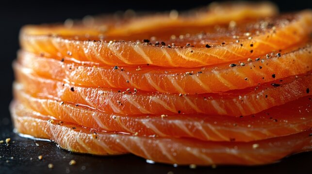 Stack of smoked salmon slices on black matte background for contrast and elegance