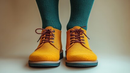 Bold yellow socks with contrasting green accents on a light cream background