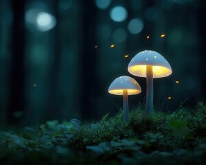 Fototapeta premium Enchanted forest with glowing mushrooms, sparkling fireflies, and a mystical light filtering through the trees