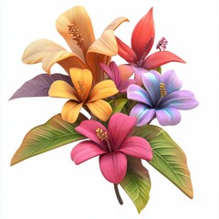 3D icon cartoon of exotic jungle flowers, isolated on a white background --quality 2