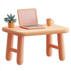 3D icon cartoon office desk with a laptop and coffee cup, isolated on a white background --quality 2