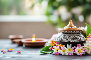 Traditional Indian altar with flowers and clay lamps. Concept for Indian holidays. 