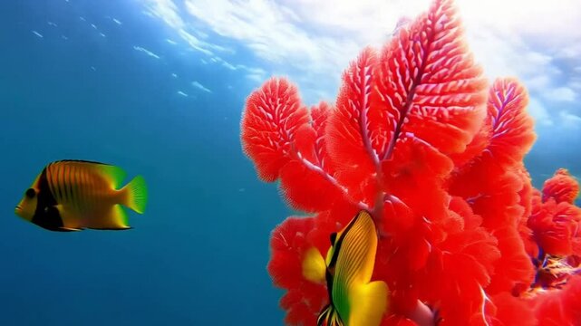 Two Copperband butterflyfish swim between fire coral in Thai waters.