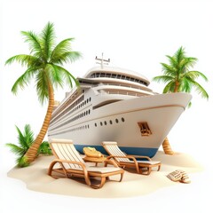 Obraz premium 3D icon cruise ship with palm trees and beach chairs, isolated on a white background --quality 2