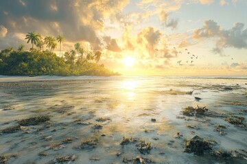 A magical view of a tropical atoll during low tide, its coral reefs exposed and teeming with small crabs and sea birds under a golden afternoon sun