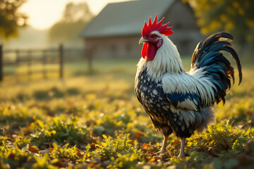 A proud French rooster with vibrant feathers in golden morning light against a picturesque rural field and rustic farm setting