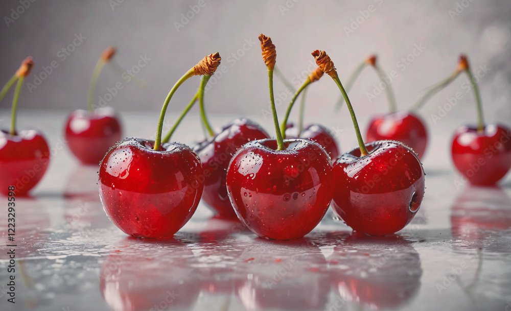 Poster a bunch of red cherries are sitting on a table. the cherries are shiny and wet, and they are arrange