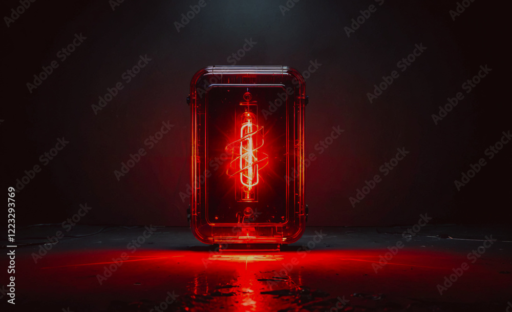 Poster A red light is lit up in a dark room. The light is glowing and casting a red hue on the surrounding area. Concept of mystery and intrigue, as the light seems to be emanating from an unknown source