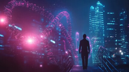 A swirling hologram depicting the journey of a patient from diagnosis to recovery with key healthcare milestones marked throughout a glowing city landscape.