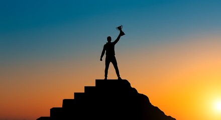 Concept of success in a competition with a man who wields a trophy at the top of a staircase after winning a race.

