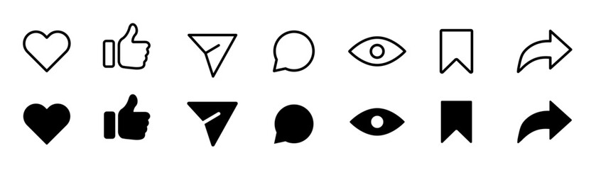Social media interface icon set. Comment, direct, chat, like, view, share symbols. Vector interface icons