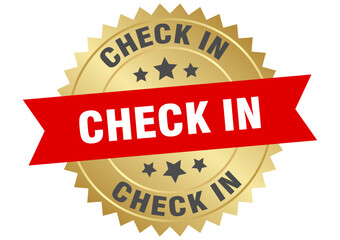 check in. check in round red and gold label isolated on transparent background