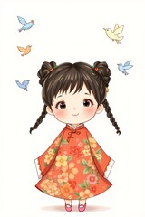 cartoon girl in a kimono dress with birds flying around her