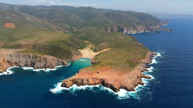 Aerial view on Cala Domestica Beach and landscape around. Sardinia, Italy