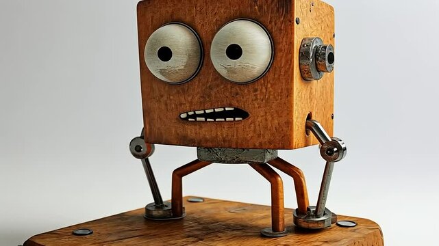 Wooden Cubical Robot Keychain with Surprised Expression