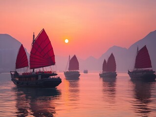 Fototapeta premium A vibrant harbor filled with traditional Chinese junks, their iconic red sails standing out against the soft hues of a morning sunrise over calm waters