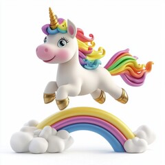 Naklejka premium 3D icon cartoon playful unicorn jumping over a rainbow, isolated on a white background 
