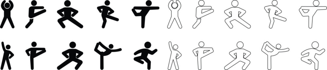 Exercise Fitness Sport people making exercises vector for apps or web training activity, workout Yoga pose, meditate practice Health icon in flat, line set isolated on transparent background