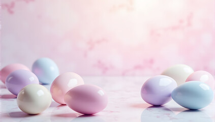 Pink and blue pastel Easter eggs on a pink background, a soft and minimalist spring holiday composition with ample copy space for creative designs or text