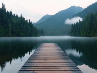 Fototapeta premium Foggy mountain lake with a small wooden dock, surrounded by dense forest and soft dawn colors