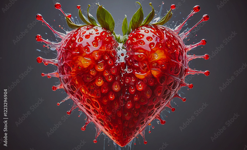 Poster A heart made of strawberries with red juice dripping from it. The heart is surrounded by a blurry background