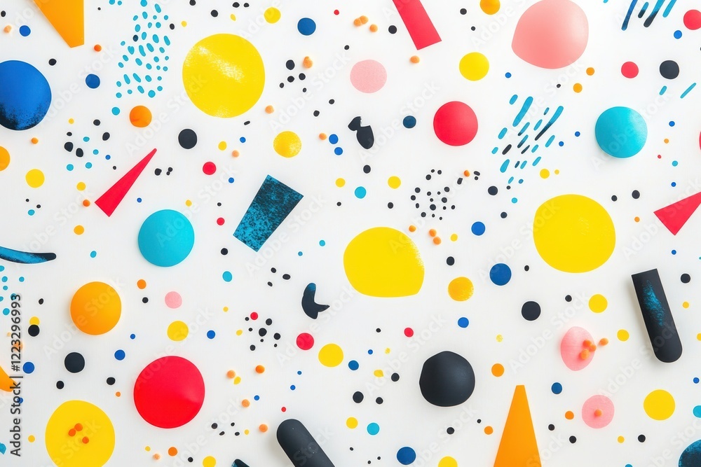 Leinwandbilder Colorful abstract pattern created by scattered paint blobs and dots on a white background at an art studio