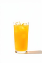 there is a glass of orange juice with ice on the table