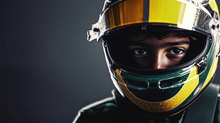 Fototapeta premium Intense close-up of a young racer's focused eyes through the visor of a colorful helmet, symbolizing determination and speed. 