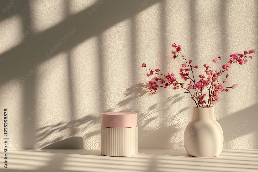 Poster brightly lit interior with a vase of pink flowers and a decorative container on a white surface show