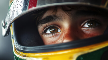 Fototapeta premium Intense close-up of a young racer's focused eyes through the visor of a colorful helmet, symbolizing determination and speed. 