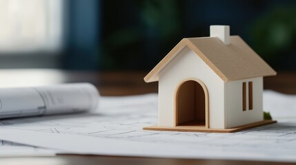 A small wooden model house sits on top of architectural blueprints, symbolizing home design and construction.