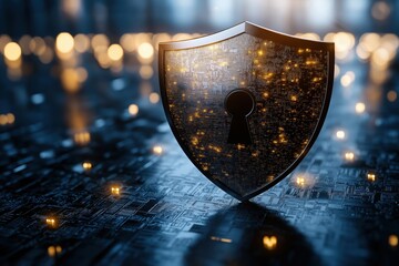 Cybersecurity and AI visualization showcasing a shield guarding a network of interconnected nodes in a futuristic environment