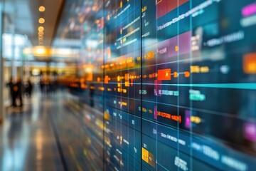 Visual representation of data analytics displayed on a wall in a modern office environment during daytime