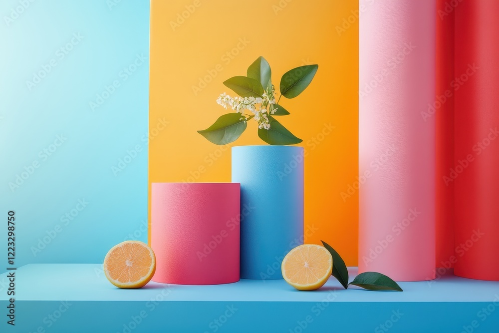 Aufkleber bright abstract composition featuring colored cylinders and fresh citrus on a vibrant backdrop with 