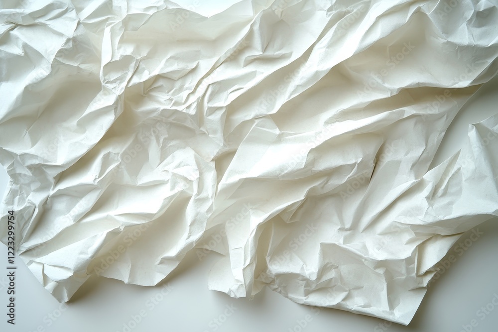 Poster Crumpled white paper sheets displayed flat on a clean surface showcasing unique texture and patterns in soft natural light