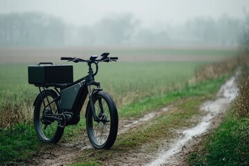 Fototapeta premium Local delivery networks using hybrid e-bikes along rural trails surrounded by fields