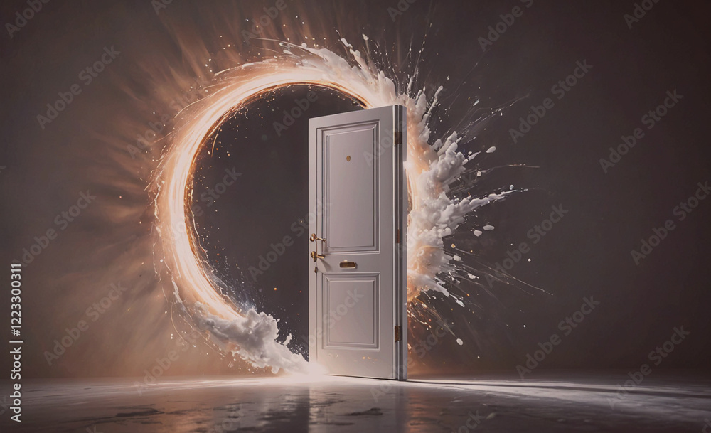 Poster a white door is in the center of a circle of white paint. the door is surrounded by a splash of whit
