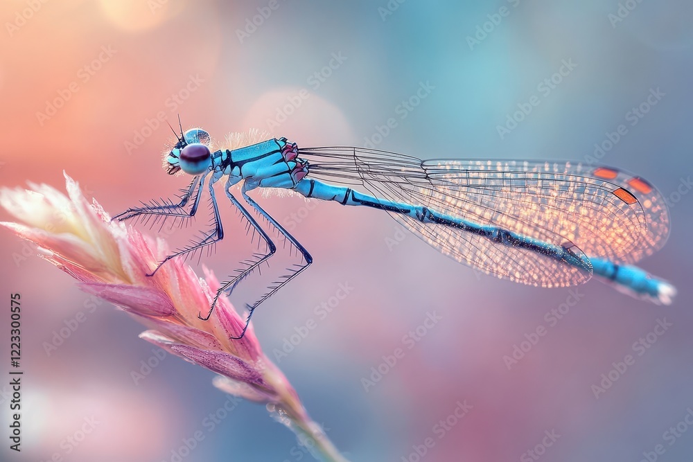 Poster blue dragonfly perched on green blade of grass against a colorful blurred background in a serene nat