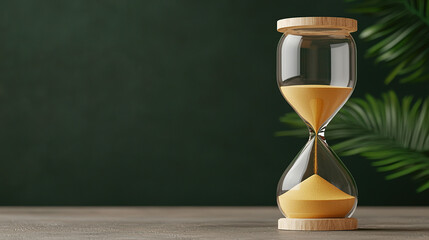 glowing hourglass with radiant sands of improvement stands on wooden surface, set against dark green background with palm leaves, symbolizing passage of time and growth