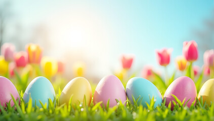Vibrant Easter eggs and tulips on green grass under sunlight, a cheerful spring holiday composition with plenty of copy space for creative seasonal greetings or designs