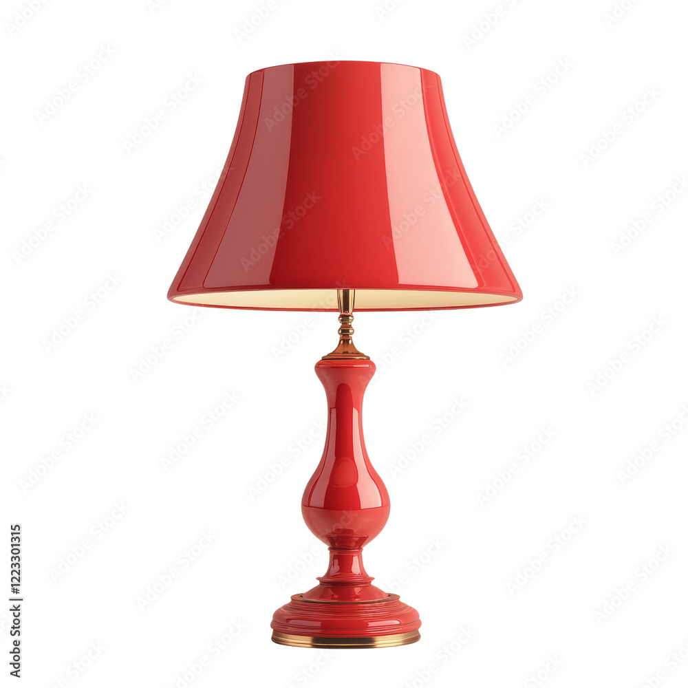 Poster A stylish red table lamp with a glossy finish and a conical shade illuminates the scene with its warm light.