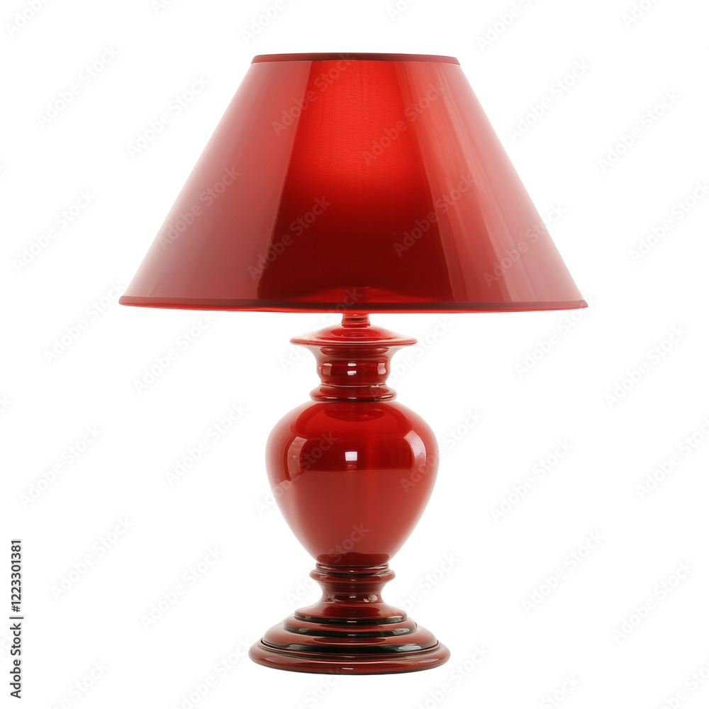 Poster A stylish red table lamp features a conical shade and a glossy vase-shaped base adding a touch of elegance to any space.