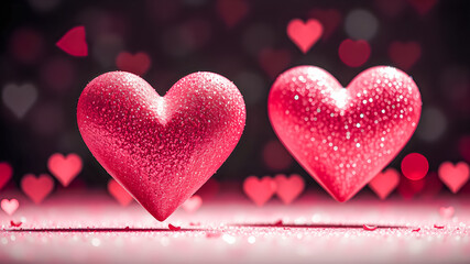 Obraz premium Two pink red heart shapes on abstract light glitter background. Romantic shiny love couple Valentines Day wallpaper. Captivating and vibrant love hearts backgrounds for creating beautiful valentines 