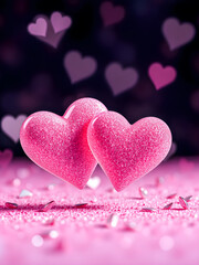 Obraz premium Two pink red heart shapes on abstract light glitter background. Romantic shiny love couple Valentines Day wallpaper. Captivating and vibrant love hearts backgrounds for creating beautiful valentines 