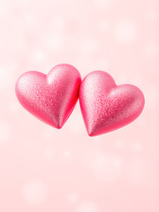 Obraz premium Two pink red heart shapes on abstract light glitter background. Romantic shiny love couple Valentines Day wallpaper. Captivating and vibrant love hearts backgrounds for creating beautiful valentines 