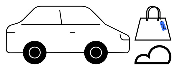 Black car with simple lines, handbag featuring a blue price tag, and a minimalist heart symbol. Ideal for concepts of transportation, shopping, travel, simplicity, love, minimalism consumerism