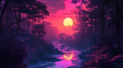 Fototapeta premium Vibrant forest at sunset with surreal colors