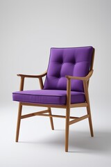 purple chair with wooden frame and arm rest against a white wall