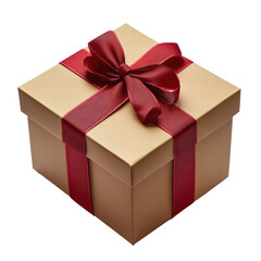 Obraz premium Brown kraft paper gift box with a red ribbon isolated on transparent background
