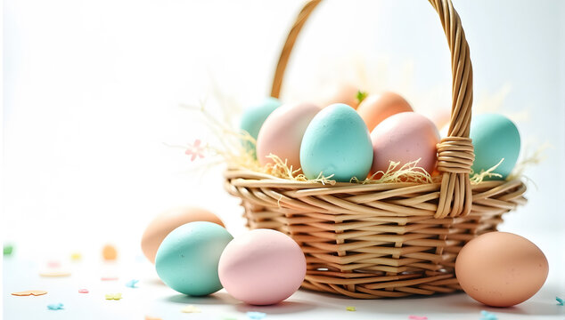 Wicker basket filled with pastel Easter eggs on a plain white background, offering ample copy space for seasonal advertisements, festive greetings, or creative designs.